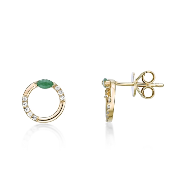 Marquise-Cut Emerald and 1/10 CT. T.w. Diamond Circle Stud Earrings in 10K Gold