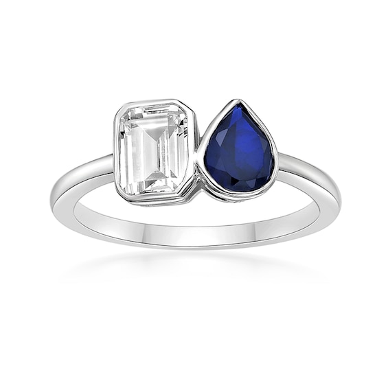 Pear and Octagon-Shaped Blue and White Lab-Created Sapphire Toi et Moi Ring in Sterling Silver