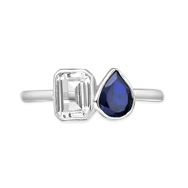 Main Image 2 of Pear and Octagon-Shaped Blue and White Lab-Created Sapphire Toi et Moi Ring in Sterling Silver