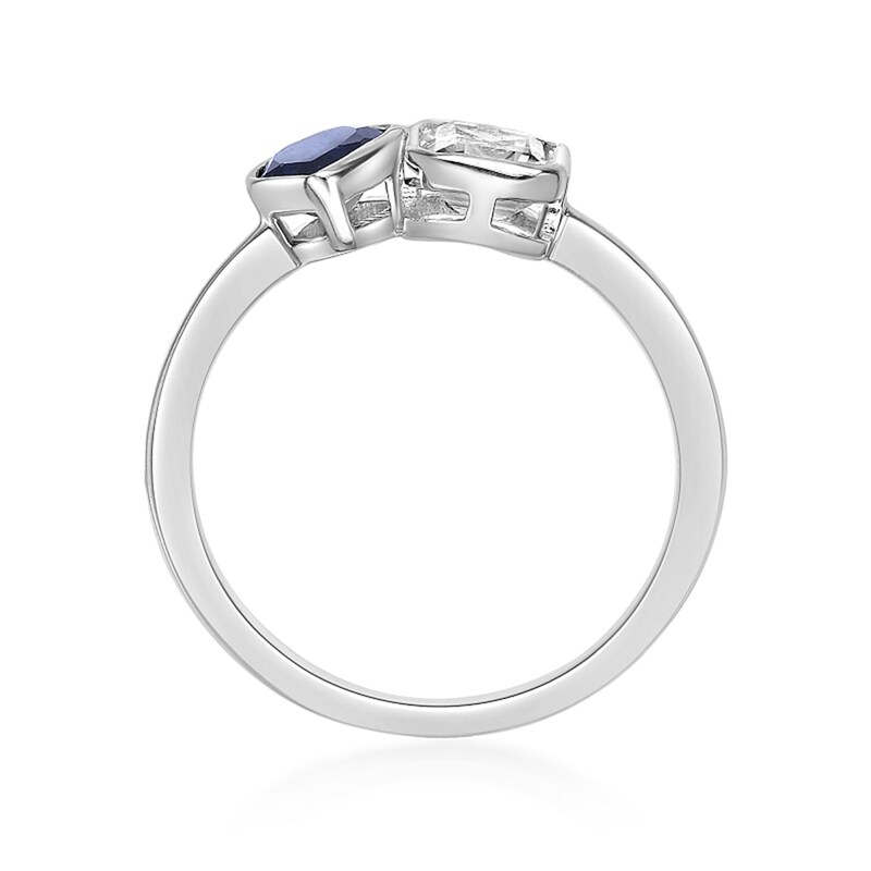Main Image 4 of Pear and Octagon-Shaped Blue and White Lab-Created Sapphire Toi et Moi Ring in Sterling Silver