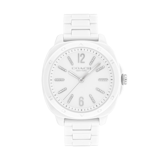 Ladiesâ Coach Kitt Crystal Accent White Ceramic Watch with White Dial (Model: 14504407)