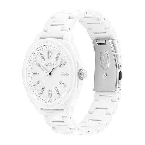Ladies’ Coach Kitt Crystal Accent White Ceramic Watch with White Dial (Model: 14504407)