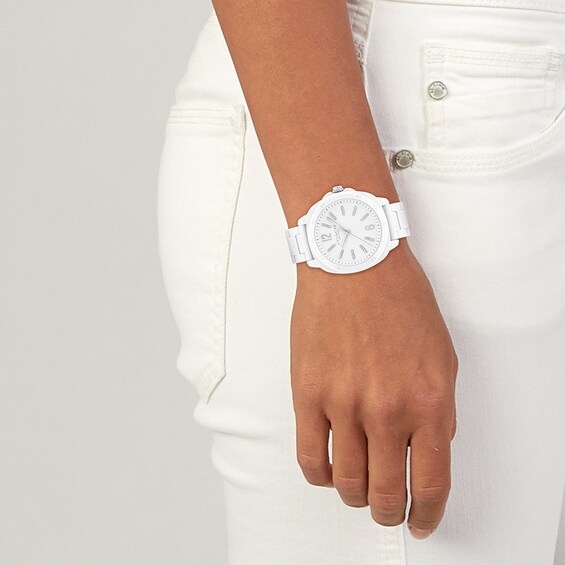 Ladies’ Coach Kitt Crystal Accent White Ceramic Watch with White Dial (Model: 14504407)
