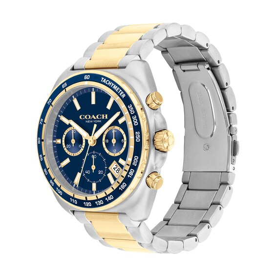 Menâs Coach Charter Two-Tone IP Chronograph Watch with Navy Blue Dial (Model: 14602704)