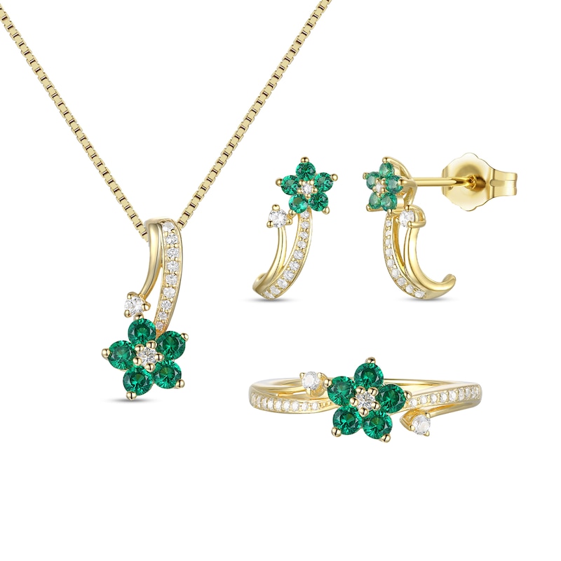 Main Image 1 of Lab-Created Emerald and White Lab-Created Sapphire Flower Vine Three Piece Set in Sterling Silver with 14K Gold Plate