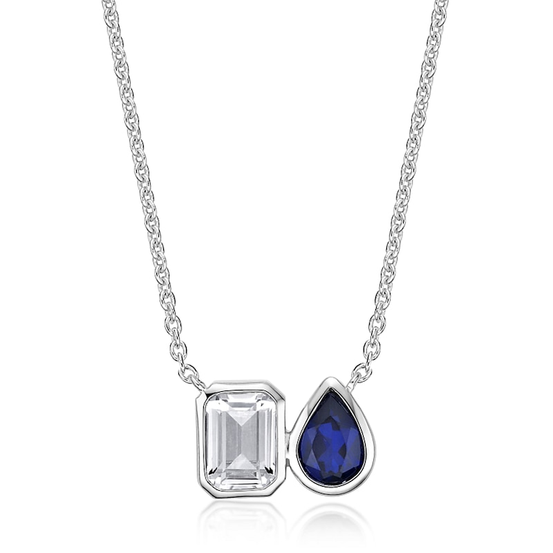 Main Image 1 of Pear and Octagon-Shaped Blue and White Lab-Created Sapphire Toi et Moi Necklace in Sterling Silver