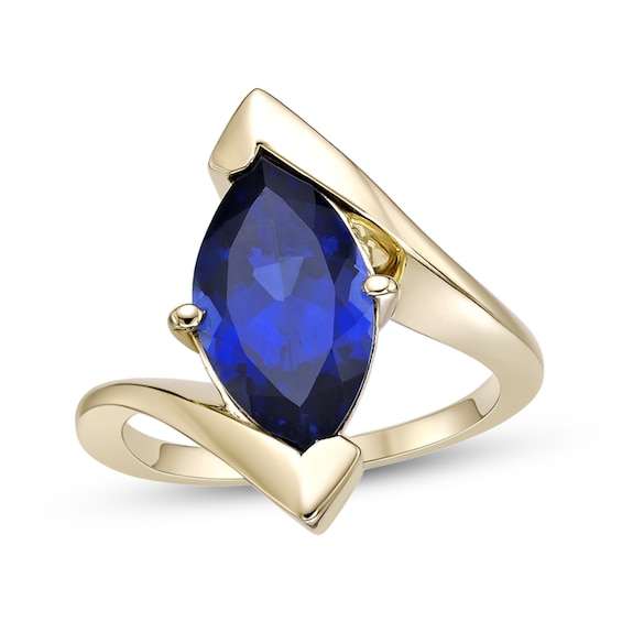 Marquise-Cut Blue Lab-Created Sapphire Solitaire Bypass Shank Ring in Sterling Silver with 18K Gold Plate