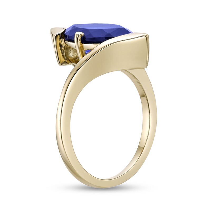 Main Image 3 of Marquise-Cut Blue Lab-Created Sapphire Solitaire Bypass Shank Ring in Sterling Silver with 18K Gold Plate