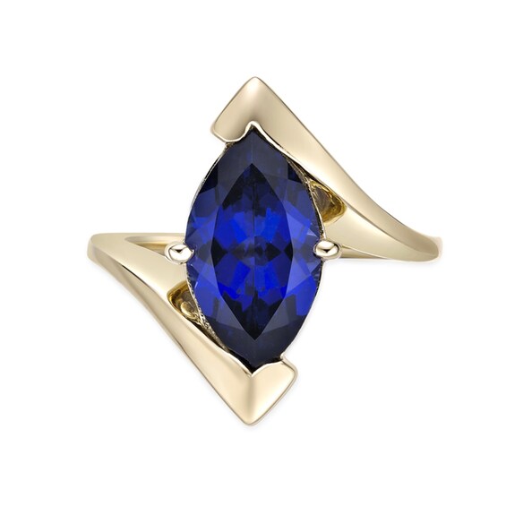 Marquise-Cut Blue Lab-Created Sapphire Solitaire Bypass Shank Ring in Sterling Silver with 18K Gold Plate