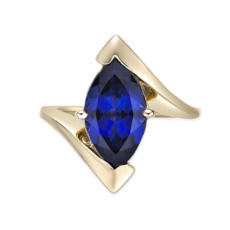 Main Image 5 of Marquise-Cut Blue Lab-Created Sapphire Solitaire Bypass Shank Ring in Sterling Silver with 18K Gold Plate