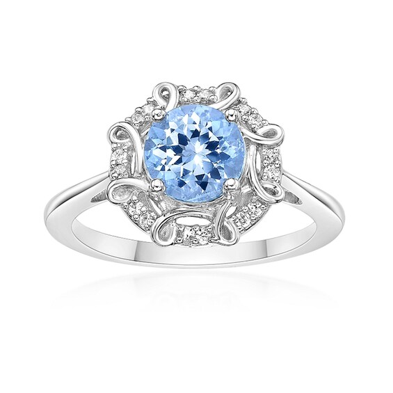 7.0mm Aquamarine and 1/10 CT. T.w. Diamond Octagonal Scroll Frame Ring in 10K White Gold