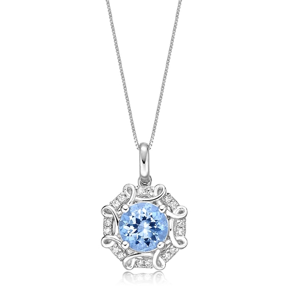 7.0mm Aquamarine and 1/10 CT. T.w. Diamond Octagonal Scroll Frame Pendant in 10K White Gold