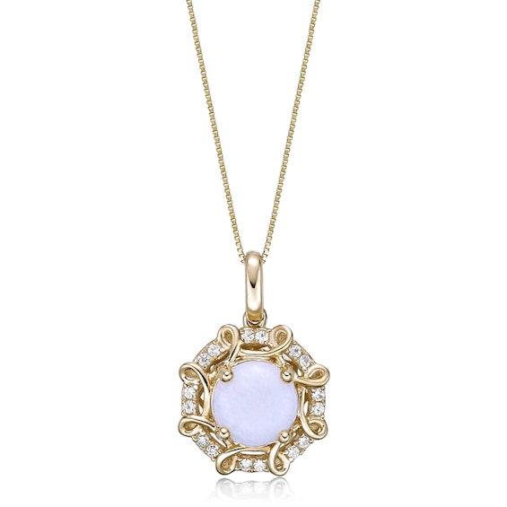 7.0mm Opal and 1/10 CT. T.w. Diamond Octagonal Scroll Frame Pendant in 10K Gold