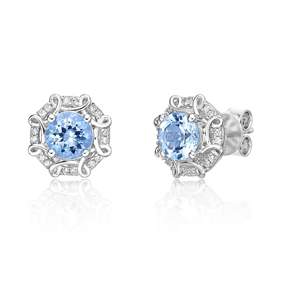 6.0mm Aquamarine and 1/8 CT. T.w. Diamond Octagonal Scroll Frame Stud Earrings in 10K White Gold