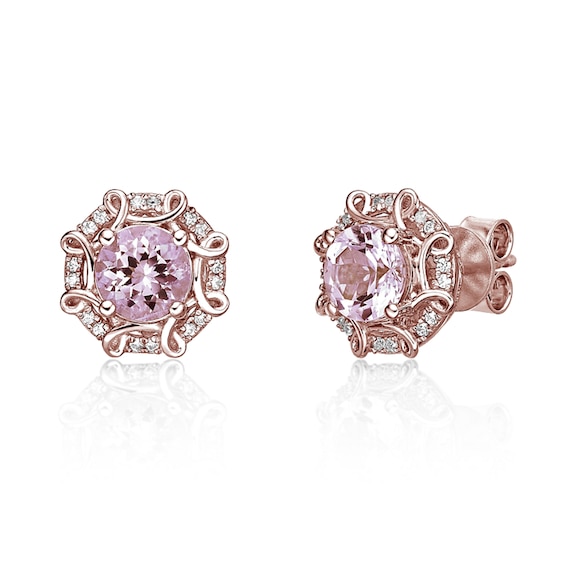 6.0mm Morganite and 1/8 CT. T.w. Diamond Octagonal Scroll Frame Stud Earrings in 10K Rose Gold