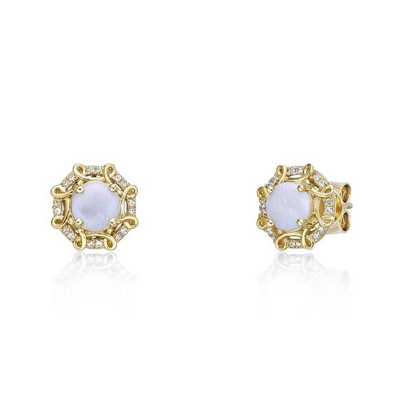 6.0mm Opal and 1/8 CT. T.w. Diamond Octagonal Scroll Frame Stud Earrings in 10K Gold