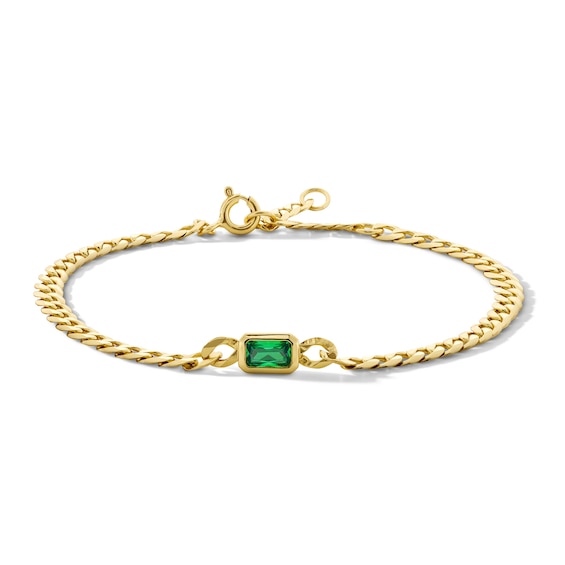 Emerald-Cut Emerald Solitaire Curb Chain Bracelet in Sterling Silver with 18K Gold Plate