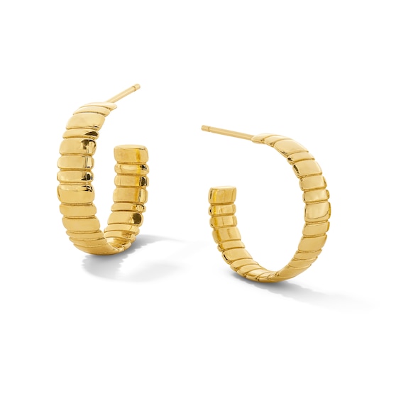 15.0mm Striated J-Hoop Earrings in 10K Gold