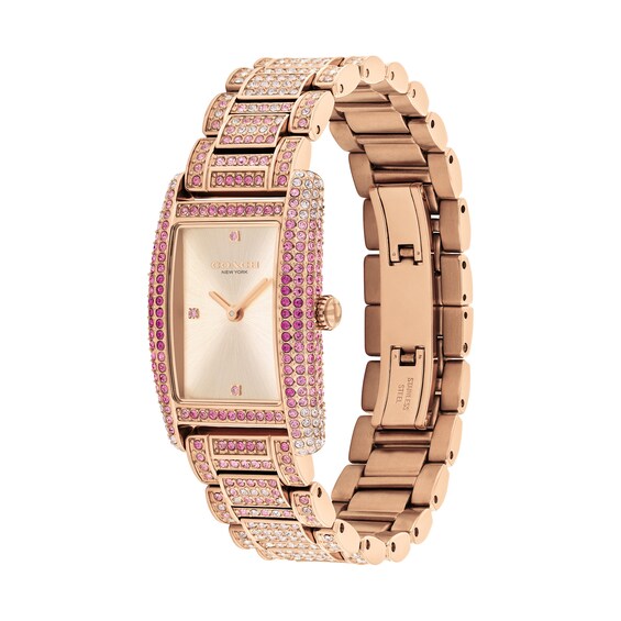 Ladiesâ Coach Reese Pink OmbrÃ© Crystal Rose-Tone IP Watch with Rectangular Rose-Tone Dial (Model: 14504414)