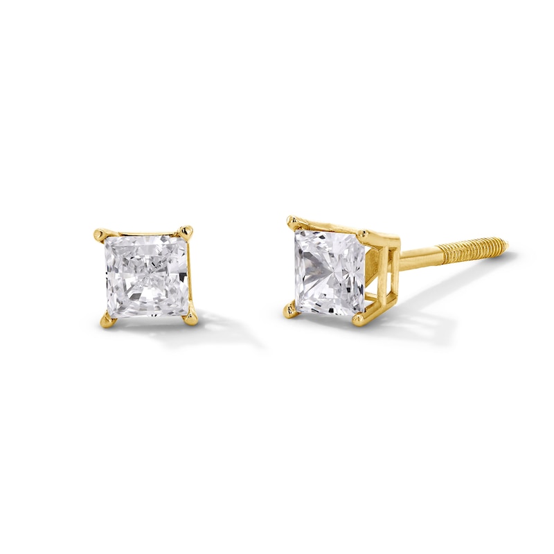Main Image 1 of 1/2 CT. T.W. Princess-Cut Certified Lab-Grown Diamond Solitaire Stud Earrings in 14K Gold (F/SI2)