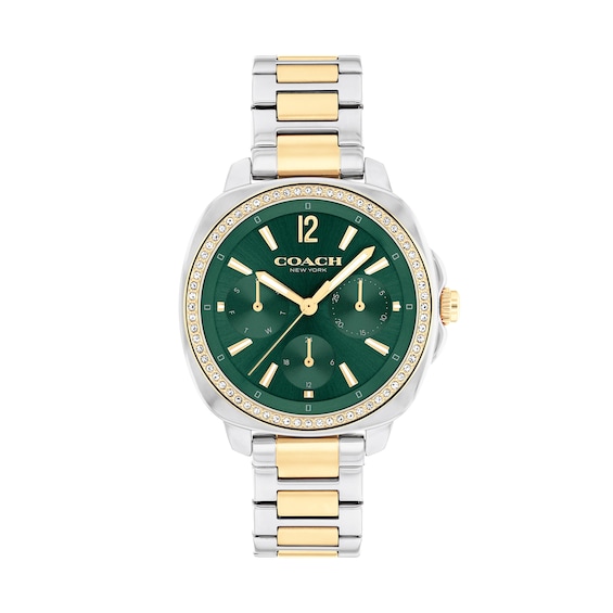Ladiesâ Coach Kitt Crystal Accent Two-Tone IP Chronograph Watch with Green Dial (Model: 14504394)