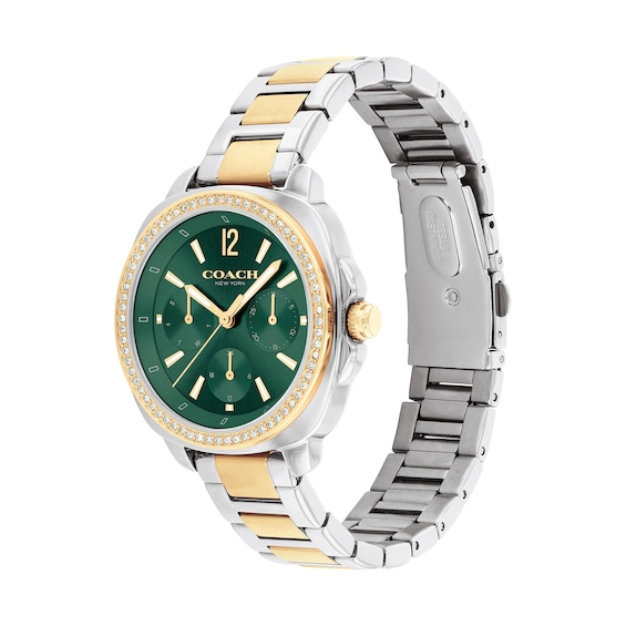 Ladiesâ Coach Kitt Crystal Accent Two-Tone IP Chronograph Watch with Green Dial (Model: 14504394)