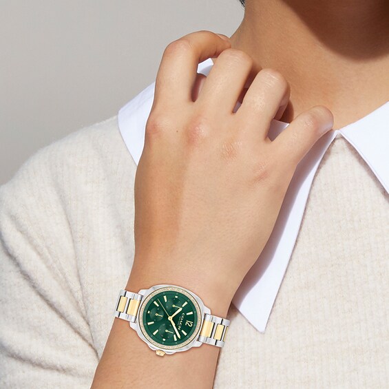 Ladiesâ Coach Kitt Crystal Accent Two-Tone IP Chronograph Watch with Green Dial (Model: 14504394)