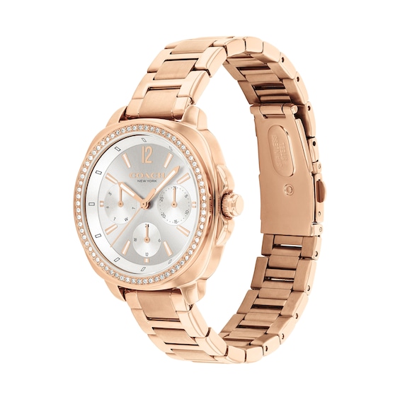 Ladiesâ Coach Kitt Crystal Accent Rose-Tone IP Chronograph Watch with Grey Dial (Model: 14504395)