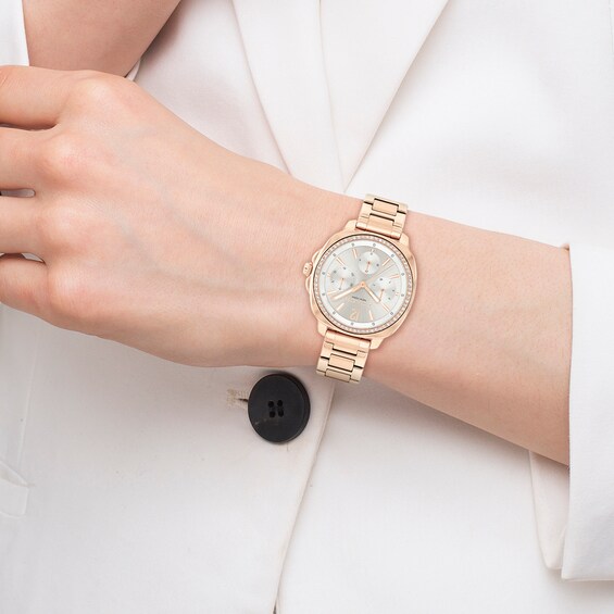 Ladiesâ Coach Kitt Crystal Accent Rose-Tone IP Chronograph Watch with Grey Dial (Model: 14504395)