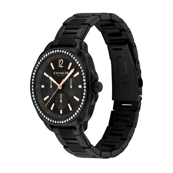Ladiesâ Coach Kitt Crystal Accent Black IP Chronograph Watch with Black Dial (Model: 14504396)