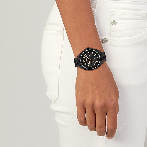 Ladiesâ Coach Kitt Crystal Accent Black IP Chronograph Watch with Black Dial (Model: 14504396)