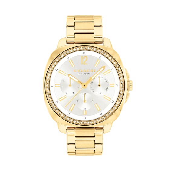 Ladiesâ Coach Kitt Crystal Accent Gold-Tone IP Chronograph Watch with Silver-Tone Dial (Model: 14504397)