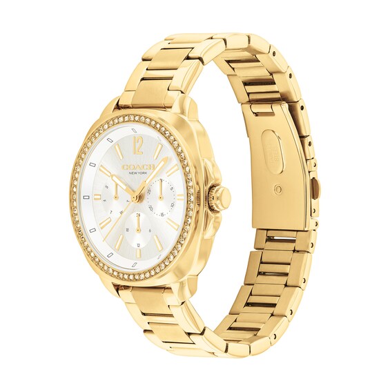 Ladiesâ Coach Kitt Crystal Accent Gold-Tone IP Chronograph Watch with Silver-Tone Dial (Model: 14504397)