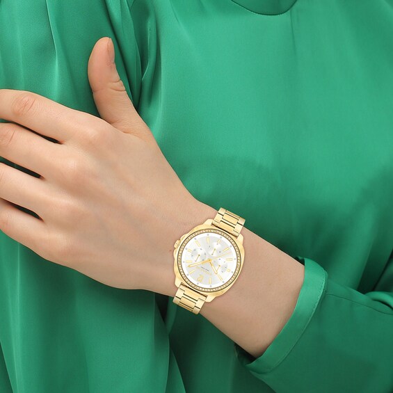 Ladiesâ Coach Kitt Crystal Accent Gold-Tone IP Chronograph Watch with Silver-Tone Dial (Model: 14504397)