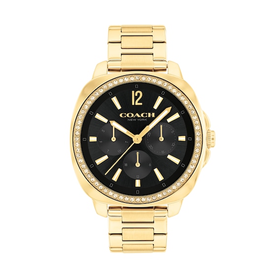 Ladiesâ Coach Kitt Crystal Accent Gold-Tone IP Chronograph Watch with Black Dial (Model: 14504398)