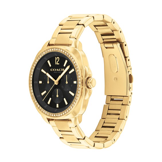 Ladiesâ Coach Kitt Crystal Accent Gold-Tone IP Chronograph Watch with Black Dial (Model: 14504398)