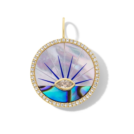 Marquise-Cut White Sapphire and Abalone Shell Medallion Necklace Charm in 10K Gold