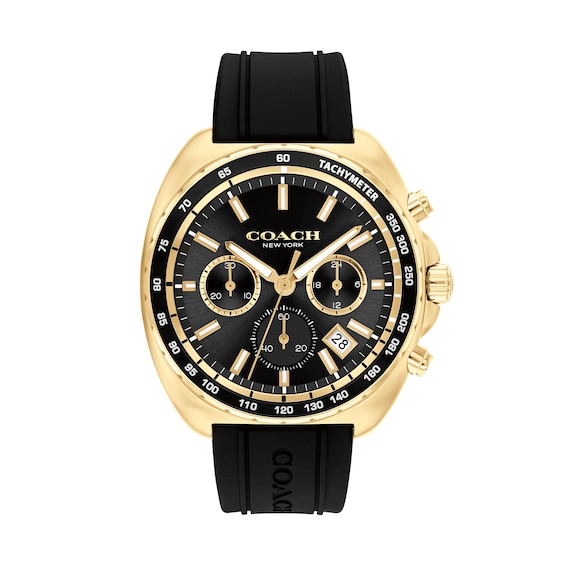 Menâs Coach Charter Gold-Tone IP Black Silicone Strap Chronograph Watch with Black Dial (Model: 14602708)
