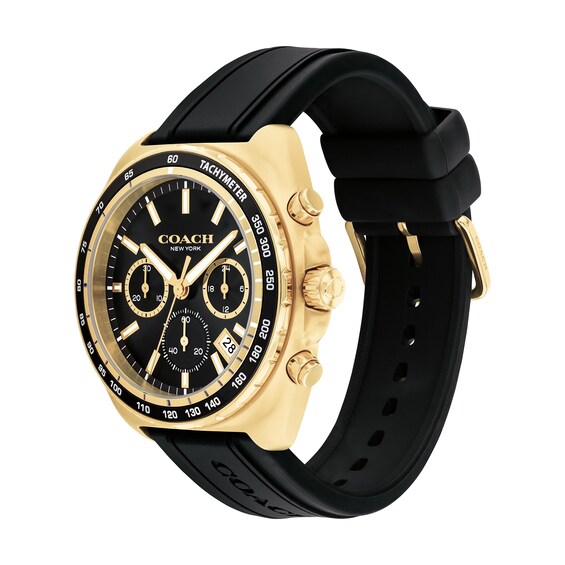 Menâs Coach Charter Gold-Tone IP Black Silicone Strap Chronograph Watch with Black Dial (Model: 14602708)