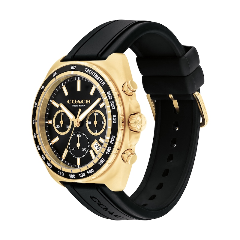 Main Image 2 of Men’s Coach Charter Gold-Tone IP Black Silicone Strap Chronograph Watch with Black Dial (Model: 14602708)