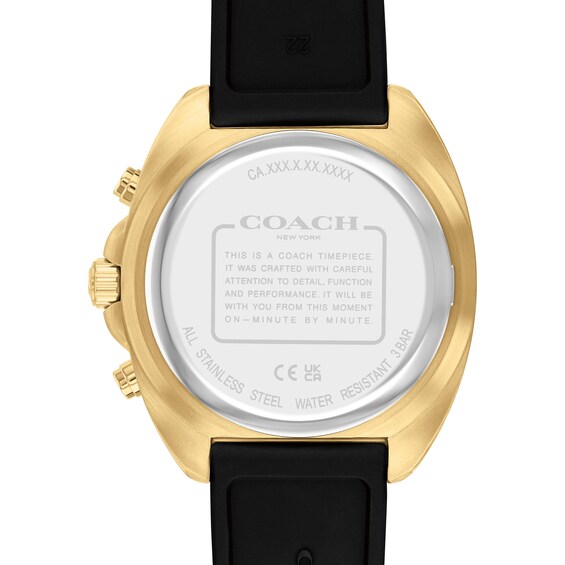 Menâs Coach Charter Gold-Tone IP Black Silicone Strap Chronograph Watch with Black Dial (Model: 14602708)