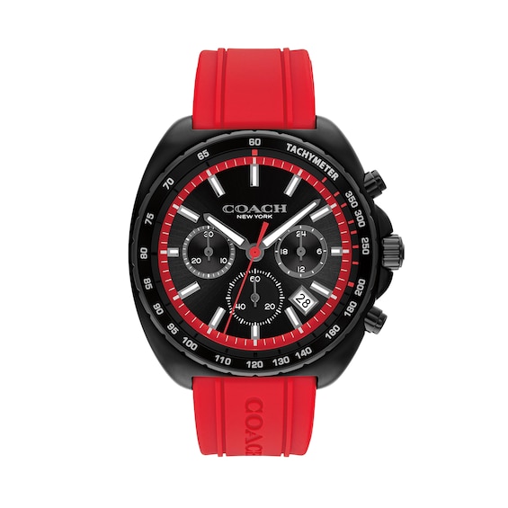 Menâs Coach Charter Black IP Red Silicone Strap Chronograph Watch with Black Dial (Model: 14602710)