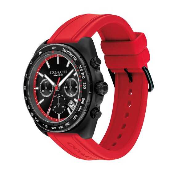 Menâs Coach Charter Black IP Red Silicone Strap Chronograph Watch with Black Dial (Model: 14602710)