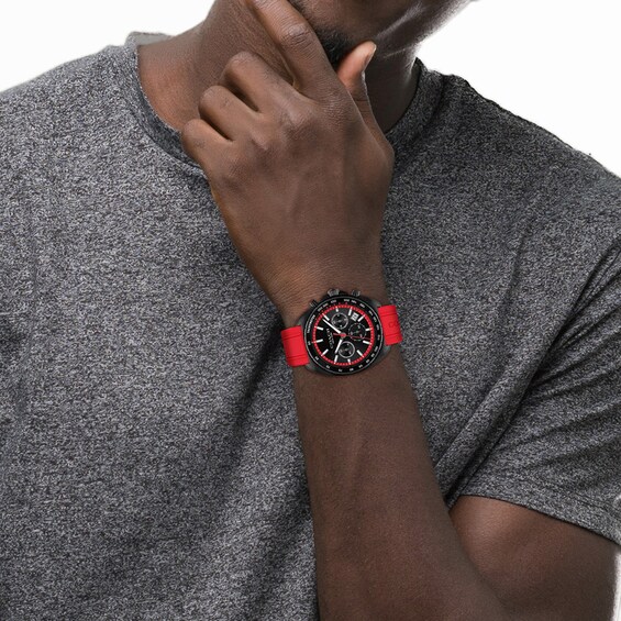 Menâs Coach Charter Black IP Red Silicone Strap Chronograph Watch with Black Dial (Model: 14602710)