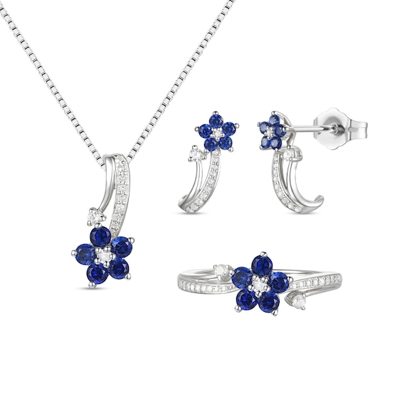 Blue and White Lab-Created Sapphire Flower Vine Drop Pendant, Earrings and Ring Set in Sterling Silver - Size 7