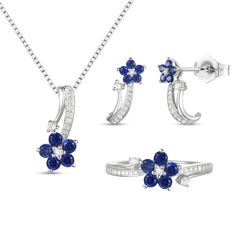 Main Image 1 of Blue and White Lab-Created Sapphire Flower Vine Drop Pendant, Earrings and Ring Set in Sterling Silver - Size 7
