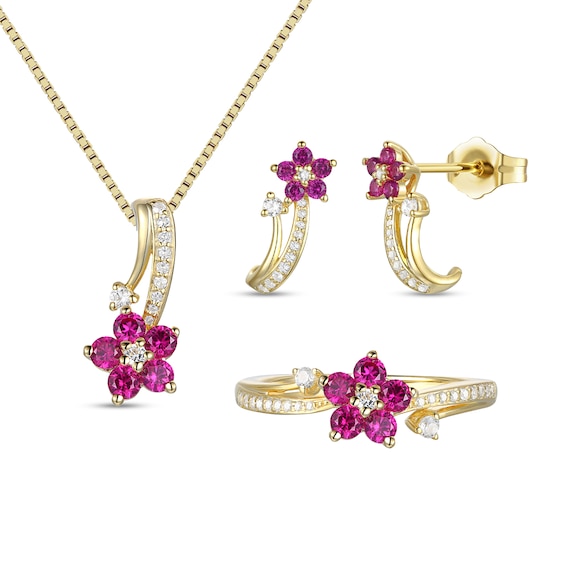 Lab-Created Ruby and White Lab-Created Sapphire Flower Vine Three Piece Set in Sterling Silver with 14K Gold Plate