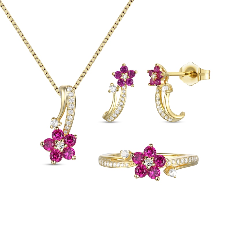 Main Image 1 of Lab-Created Ruby and White Lab-Created Sapphire Flower Vine Three Piece Set in Sterling Silver with 14K Gold Plate