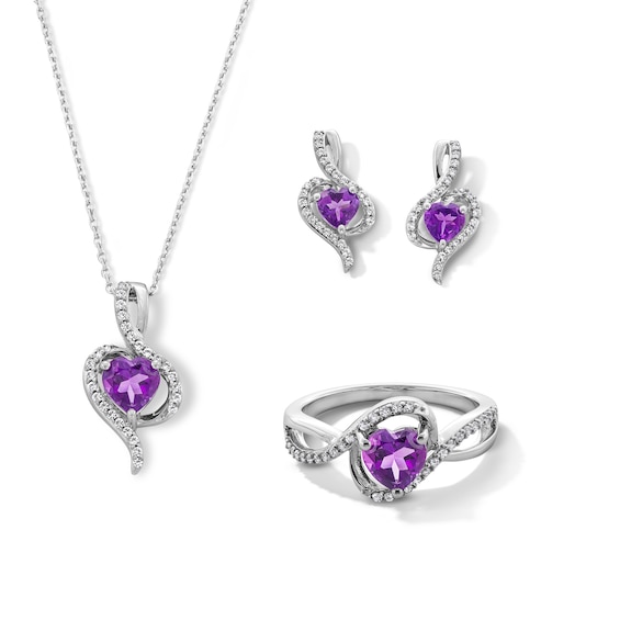Heart-Shaped Amethyst and White Lab-Created Sapphire Bypass Pendant, Ring and Earrings Set in Sterling Silver