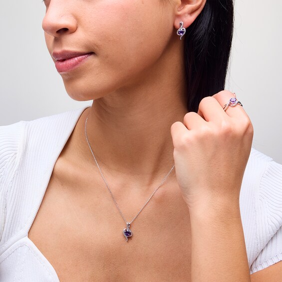 Heart-Shaped Amethyst and White Lab-Created Sapphire Bypass Pendant, Ring and Earrings Set in Sterling Silver
